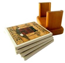 4 Pack Welcome Ceramic Coasters Cork Back Solid Wood Stand Holder - £3.10 GBP