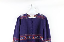 Vintage 90s Streetwear Womens Medium Wool Knit Flower Button Cardigan Sweater - £46.85 GBP