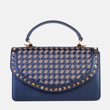 The Dosso Navy Blue and Beige Handwoven Leather Handbag image 6