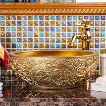 Golden Vintage Carved Art Ceramic Wash Basin, Luxury Embossed Countertop... - $559.38 CAD