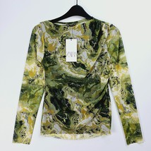 Zara Mesh Top Long Sleeve Green Marble Print - Medium - NEW - £21.94 GBP
