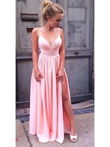 Simple Back Open Pink Spaghetti Straps Prom Dresses Slit Formal Evening Gowns - £110.86 GBP