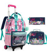 Kids Rolling Backpack 17&quot;Girls Wheeled Backpack 3 in 1 Sequins Heart Lov... - £53.06 GBP