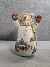 Snowlady Snowman Bells 3-D House &amp; Pine Trees Scene Figurine 7.5&quot; - £15.66 GBP