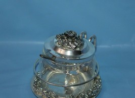 Glass Jar In Silver Holder With Rose Top Cover Jam Condiment Server With Spoon - $39.59