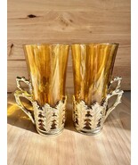 Set of 4 vintage colored (Amber) tea glasses in silver tone plastic hold... - $703.35 MXN