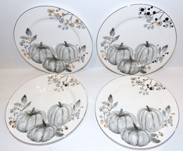 Set Of 4 Grace&#39;s Teaware White With Gray Pumpkins Gold Trim 8&quot; Salad Plates - £50.88 GBP