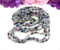 Triple Strand PURPLE BLUE BLACK Beaded Necklace Vintage Round Plastic Beads 30&quot; - £10.35 GBP