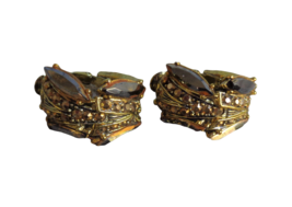 Vtg Gold Tone Brown Navettes Marquise Glass Rhinestone Clip Earrings Huggie Hoop - £10.86 GBP