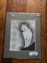 Artist SNOW Feather Signed &amp; Numbered White Wolf w Stars &amp; Moon Print in Gray Ma - £15.45 GBP