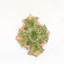 Maltese Cross Green Peach Glass Pebbles Brooch 2&quot; Metal - £21.27 GBP