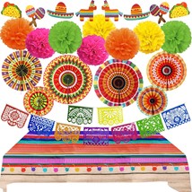 Fiesta Party Decorations, Multicoloured Tablecover Paper Fans Pompoms Decoration - $27.99