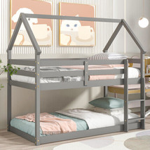 Twin over Twin Loft Bed with Roof Design, Safety Guardrail, Ladder, Grey - $298.45