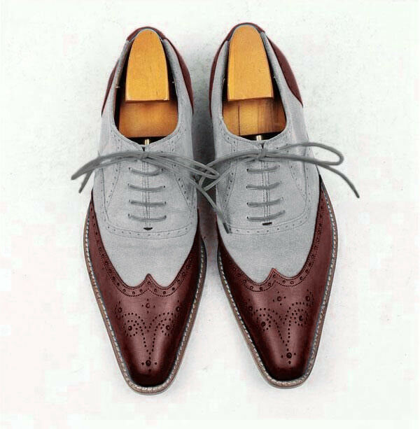 Men Two Tone Brown & Grey Brogues Toe Wing Tip Oxford Real Leather Shoes US 7-16