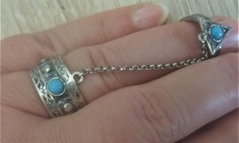 Armenian Double Ring Sterling Silver with Turquoise Stones - £33.82 GBP