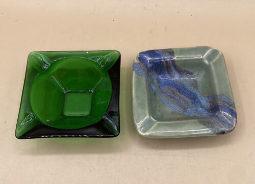 Square Anchor Hocking Green Forest Glass Ashtray & Ceramic LOT 2 - $17.81
