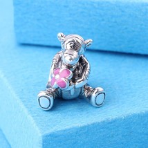 925 Sterling Silver Disney Flower Tigger Charm with Pink Enamel Charm  - £12.80 GBP