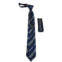 Mens Narrow Tie/Hankie Set Woven Vito Rofolo VTR-101 Navy White Stripe image 2