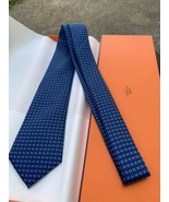 HERMES MEN&#39;S CLASSIC Bicolor H TIE Ties 100% SILK LAKE BLUE WIDEST 3.10&quot; - $148.49