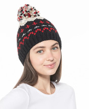 Womens Beanie Hat Chunky with Pom Pom Fair Isle Black Multi JENNI $32 - NWT - £4.30 GBP