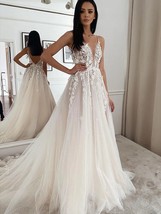 Deep V neck Long Tulle Wedding Dress Lace Appliques Open Back Women Bridal Gowns - £144.58 GBP