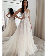 Deep V neck Long Tulle Wedding Dress Lace Appliques Open Back Women Brid... - £141.05 GBP