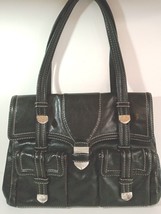 Vintage MICHAEL KORS Black Leather Tote Bag Brief Handbag Satchel Silver Accents - £54.03 GBP