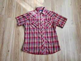 Wrangler Western Mens Shirt L Red Roberts Plaid Pearl Snap Short Sleeve Collar - £15.66 GBP