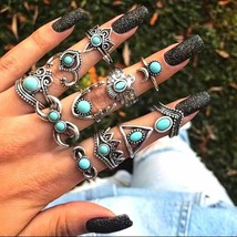 11 Pcs Exaggerated Turquoise Tone Stone Finger Ring Vintage Style Stackable - £13.25 GBP