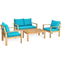 Outdoor 4 Pieces Acacia Wood Chat Set with Water Resistant Cushions-Turq... - £414.81 GBP