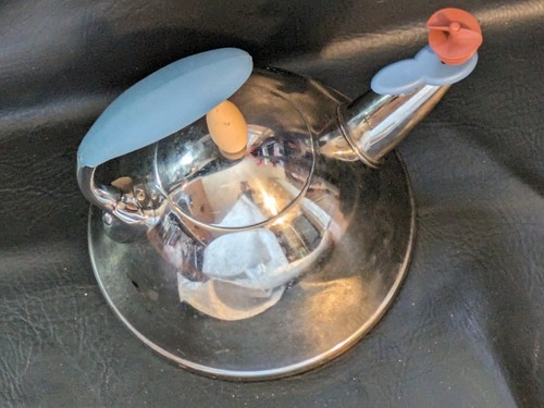 Vintage Alessi Michael Tombes Chrome Argent Rouge Oiseau Bleu Poignée Théière Item image 3