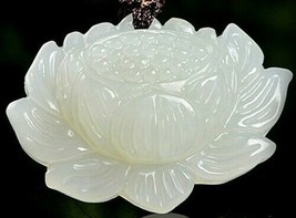 Women 925 Sterling Silver Carved White Jade Open Bud Lotus Flower Necklace - $9.86