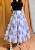 Summer Purple Flower Skirt Outfit Women High Waist Plus Size Organza Midi Skirt image 3