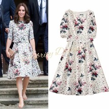 Kate Middleton Inspired Floral Print Boxy Top Mock Two-piece Flared Dres... - $64.99
