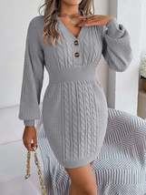 Fall Winter Button V Neck Twist Lantern Sleeve Package Hip Sweater Dress... - £30.69 GBP
