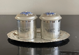 Pair of Silver and Glass Lining Honey Jam Jelly Marmalade Jars on Silver Tray - £232.20 GBP