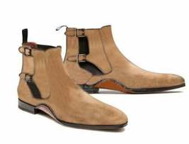 Beige Suede Chelsea Boot Men&#39;s Fashion Beige Suede Leather Double Buckle... - $179.99