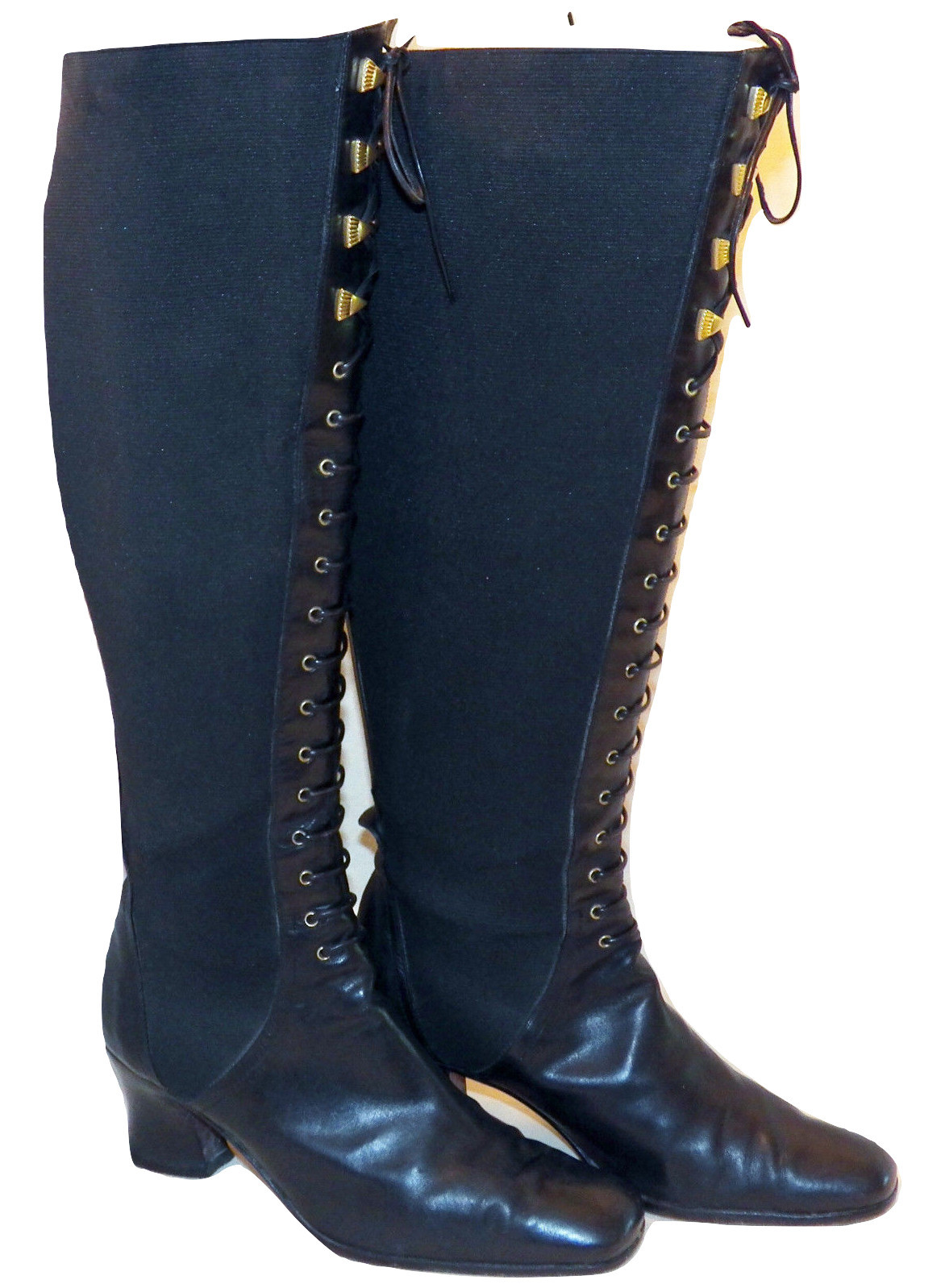 Vintage Via Spiga Italy Super Sexy Black Laced Up Knee High Stretch Boots 7.5 B - $119.99
