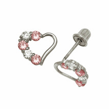Baby Girl Pink &amp; White Sapphire Heart Stud Earrings Screw Back 14K White Gold - £45.14 GBP