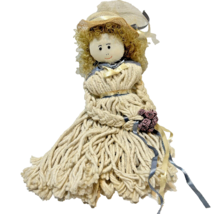 Vintage Handmade String Mop Doll With Hat Flowers Curly Hair 18&quot; - £16.06 GBP