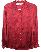 Vintage Kasper Women&#39;s Size Medium Red Rose Print Silk Button Down Blouse - £17.17 GBP