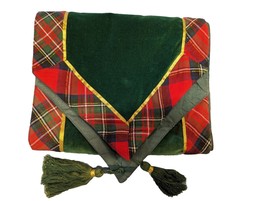 VTG Tartan Plaid Christmas TableRunner Green Velvet Tassels 7&#39; Antique RARE Gold - £176.00 GBP