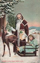 Santa CLAUS-BROWN ROBE-BLONDE Girl In SLED-HEARTY Christmas Greetings Postcard - £10.32 GBP