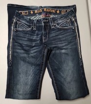 Women&#39;s Rock Revival Leah Boot Dark Wash Embellished Denim Jeans Size 27 - $50.54