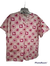 Lot of 2 Womens Floral Pink Heart V-Neck Scrub Tops Shirts Medium Pockets Cotton - £11.62 GBP