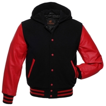 Bomber Varsity Letterman Baseball Hoodie Jacket Black Body Red Leather Sleeves - £78.93 GBP