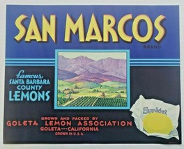 Vintage 1940&#39;s San Marcos Original Sunkist Lemon Crate Label Goleta CA. USA - £11.78 GBP