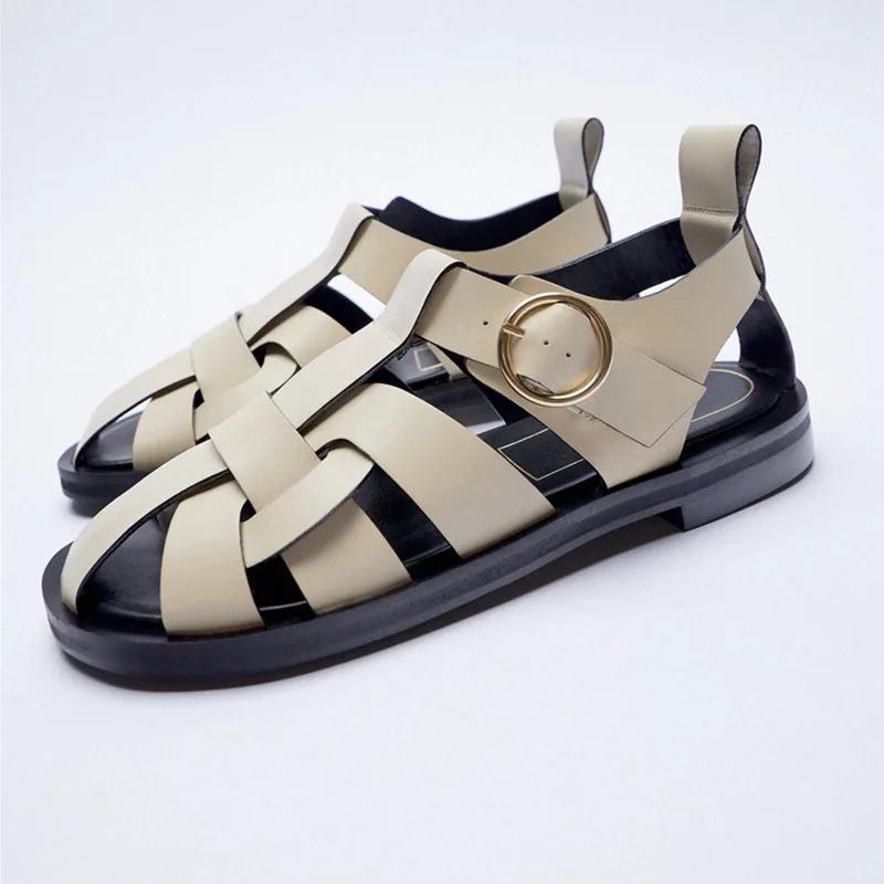 Women&#39;s Black Sandals WSL TRFA ZA Instep Weaving Style Flat Sandals Fashion Ligh - £194.69 GBP