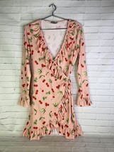 ASOS Pink Cherry Print Ruffle Wrap Long Sleeve Mini Dress Pinup Womens S... - $31.19