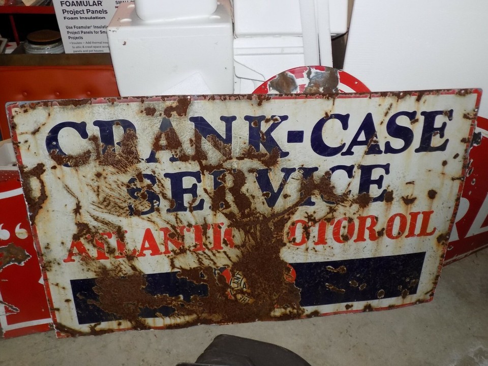 Vintage Atlantic Motor Oil Crank-Case Service Porcelain Sign - $495.00